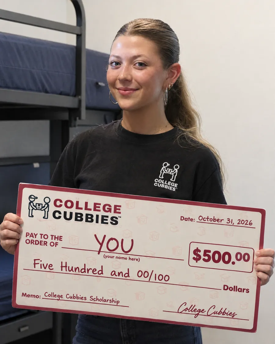 Smiling College Cubbies team member holding the $500 scholarship check